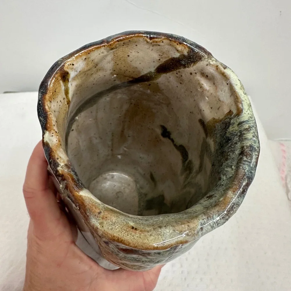 Terrance M Bedell Studio Pottery Vase Handmade signed '14‎ Brown Geode luminary